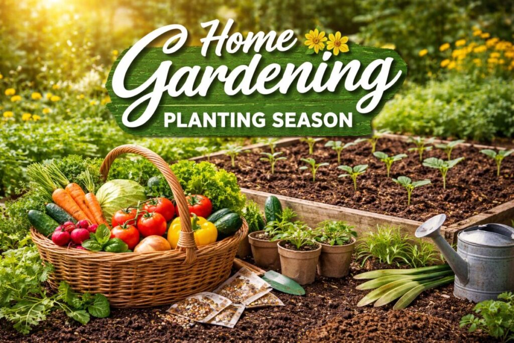 Seedlings growing in garden beds during home gardening planting season with fresh vegetables and tools.